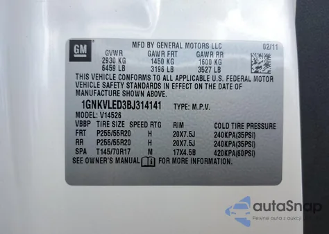 2011 Chevrolet Traverse Ltz from USA, damaged, VIN 1GNKVLED3BJ314141